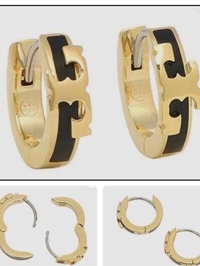 NWOT Auth Tory Burch BLACK & GOLD Serif-T Logo HUGGIES Hoop Earrings